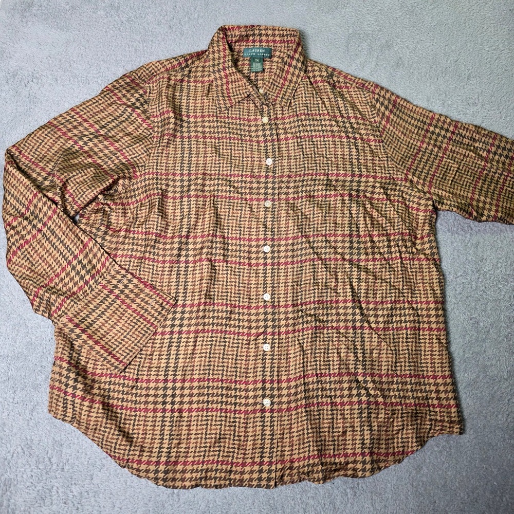 Lauren Ralph Lauren Womens 2X Shirt Brown Pink Silk Houndstooth Plaid Button Up
